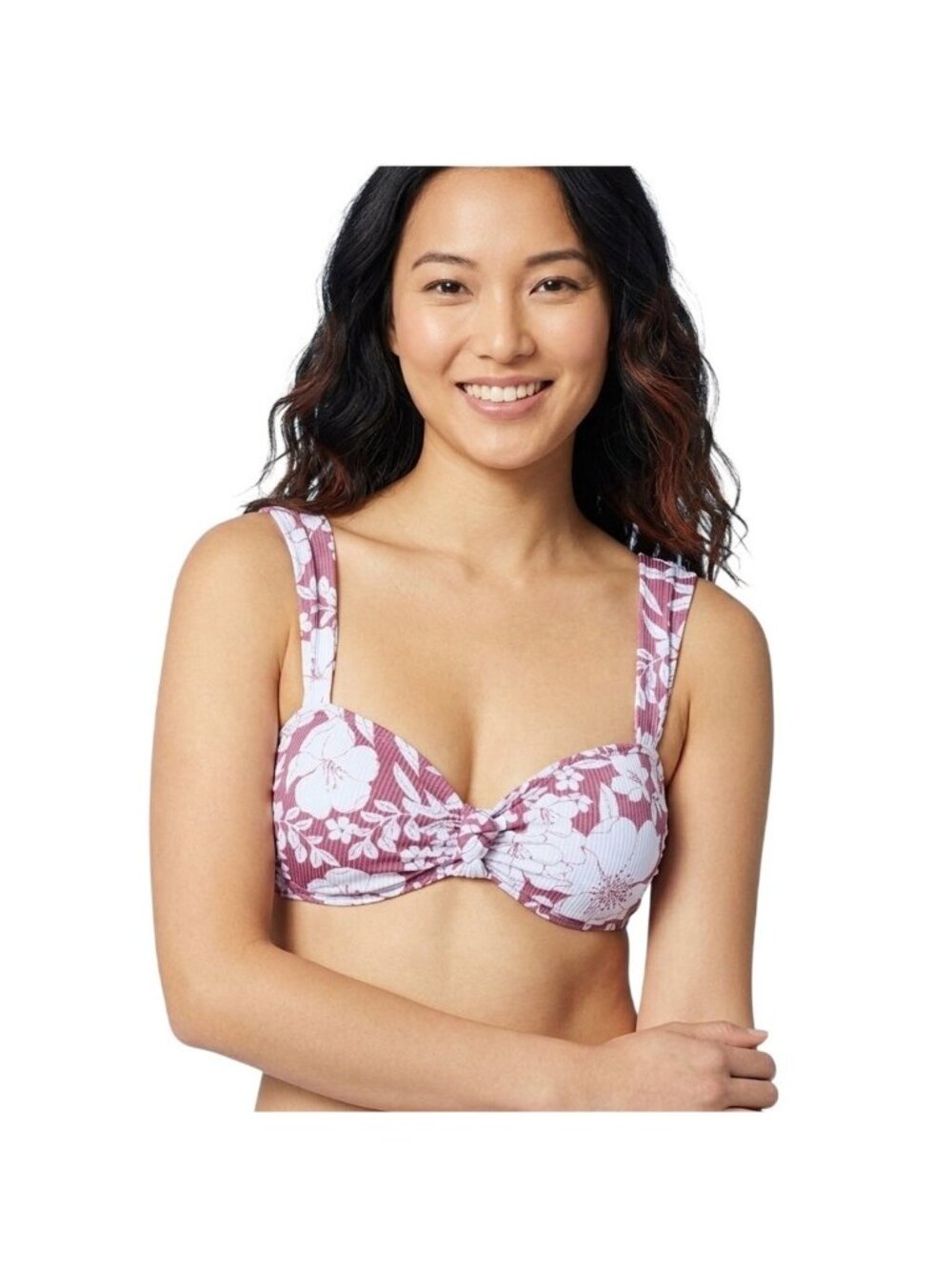 NWT Pink White Tropical Floral Ribbed Knot Bikini Swim Top Juniors XL